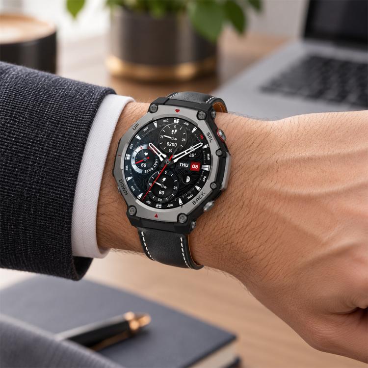 xDfind Rose Gold Buckle Black Shark Fine Grain Vegan Leather Watch Band, For Amazfit T-Rex 3