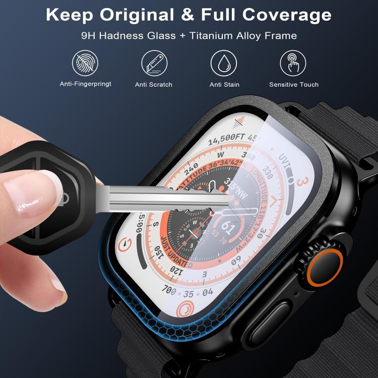 xDfind 2PCS Titanium Alloy Frame Integrated 9H Tempered Glass Watch Film, For Apple Watch Ultra 4 / 3 / 2 / 1 49mm